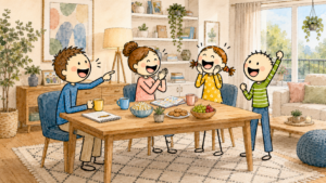 아침 식탁에서 유머를 나누며 웃는 부부 일러스트
