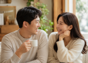 유머친구의 이야기에 웃으며 고개를 끄덕이는 모습