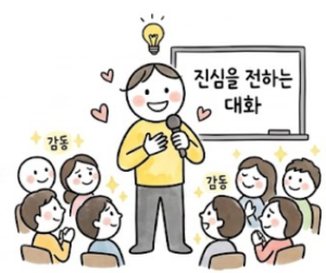 청중에게 유머 퀴즈를 던지는 리더의 오프닝 장면