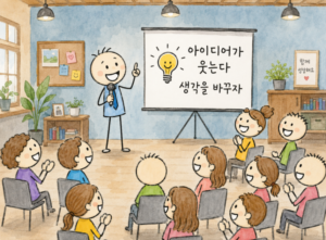 리더가 청중 앞에서 유머 있게 스피치하는 모습