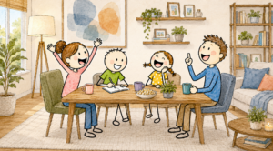 칭찬을 듣고 환하게 웃는 배우자 일러스트